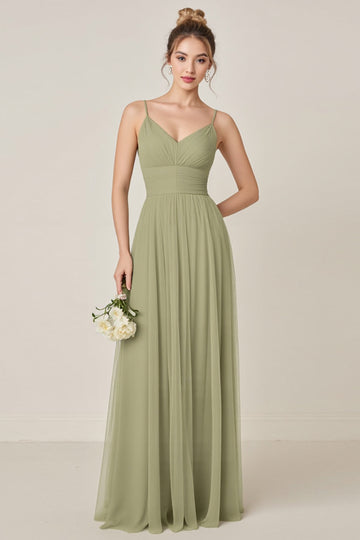 Sage Green A Line Chiffon Spaghetti Straps Long Bridesmaid Dress with Slit